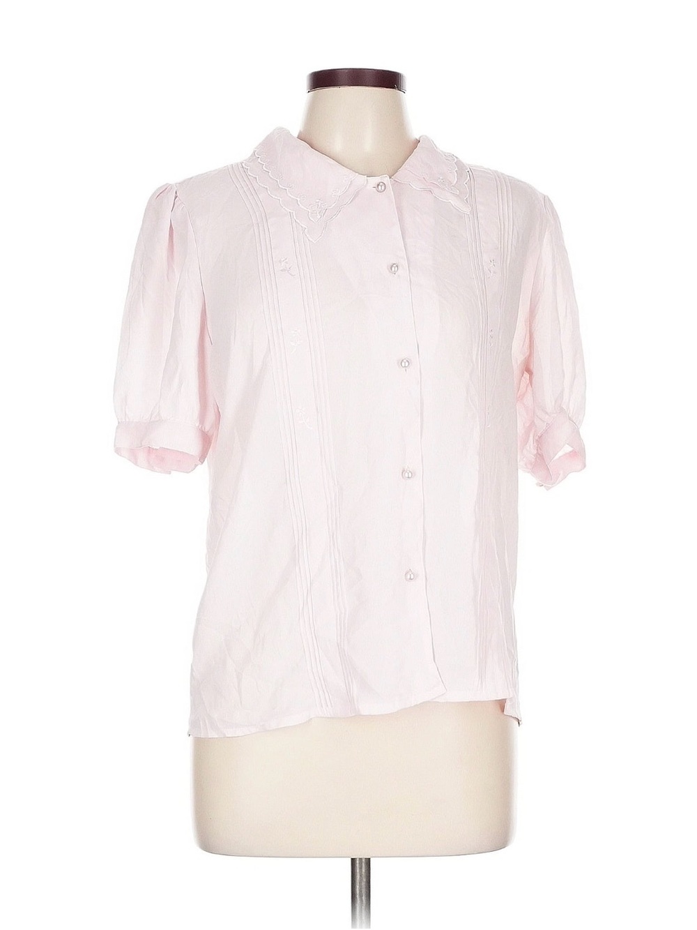 Sheer Vintage Sz 12 Light Pink Button-Front Puff Sleeve Embroidered Blouse